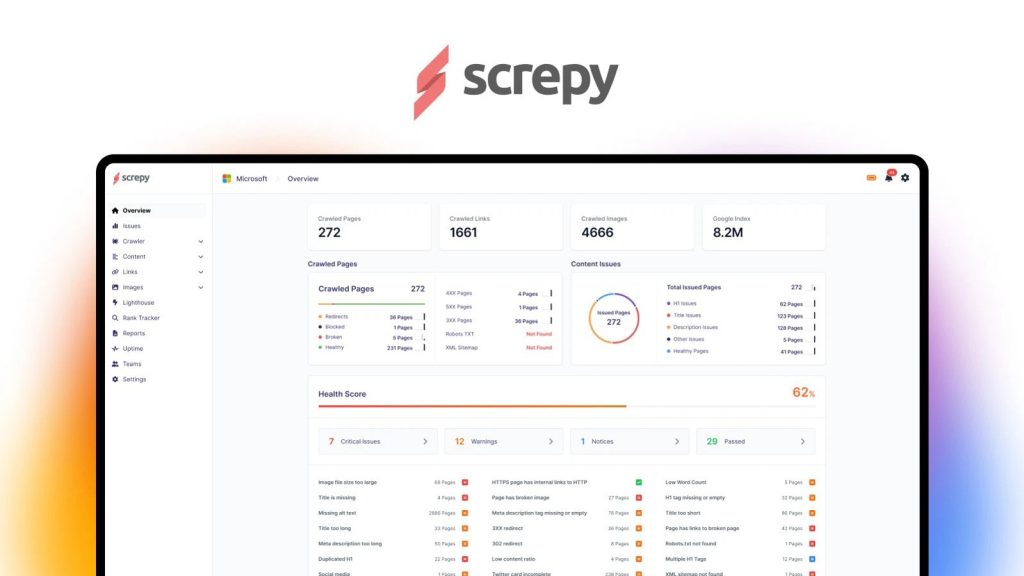 AI SEO tool, Screpy review, website audit tool, competitor analysis software, keyword tracking tool, AI content writer, website optimization platform, all-in-one SEO dashboard